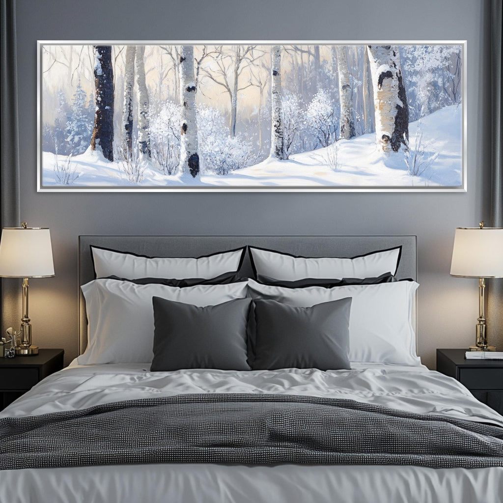 a bedroom with a bed and a painting on the wall
