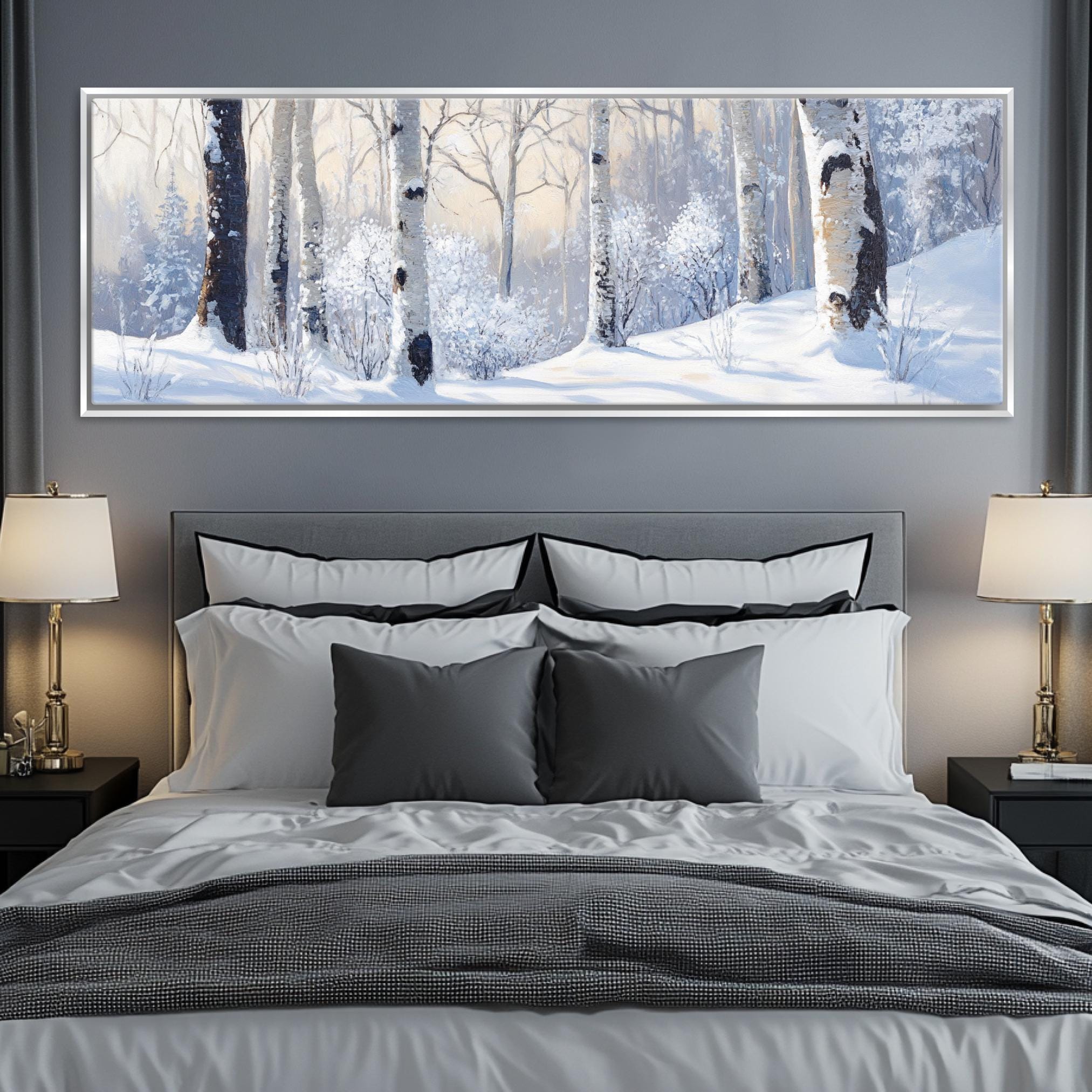 a bedroom with a bed and a painting on the wall