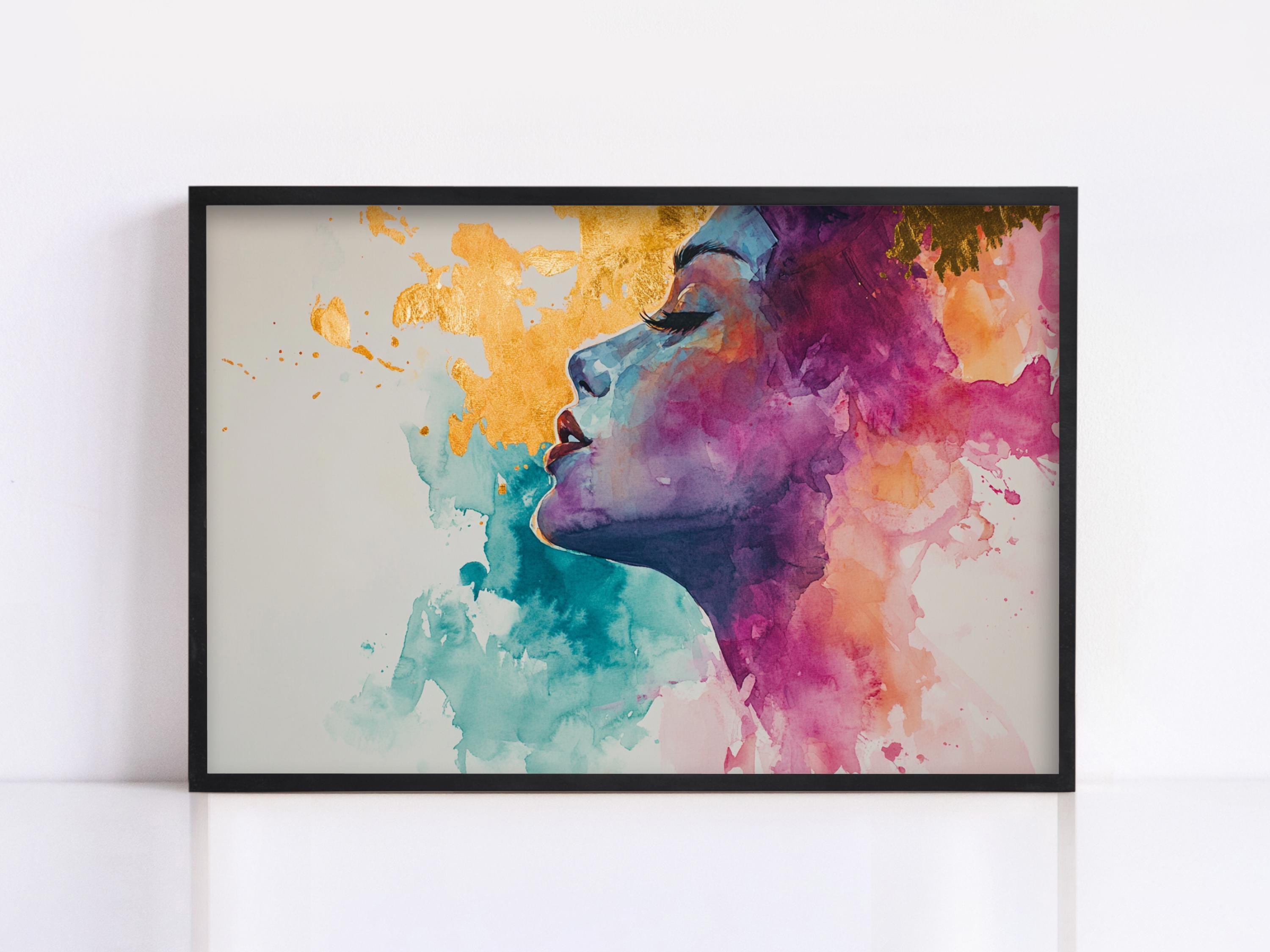 The image is a framed painting depicting a colorful, abstract portrait of a woman's face.