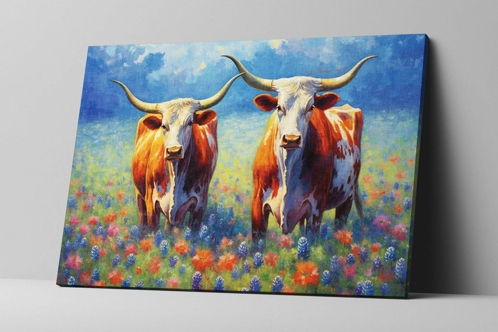 Texas Longhorn Canvas Art - Bluebonnet Painting | Large Western Wall Art Decor