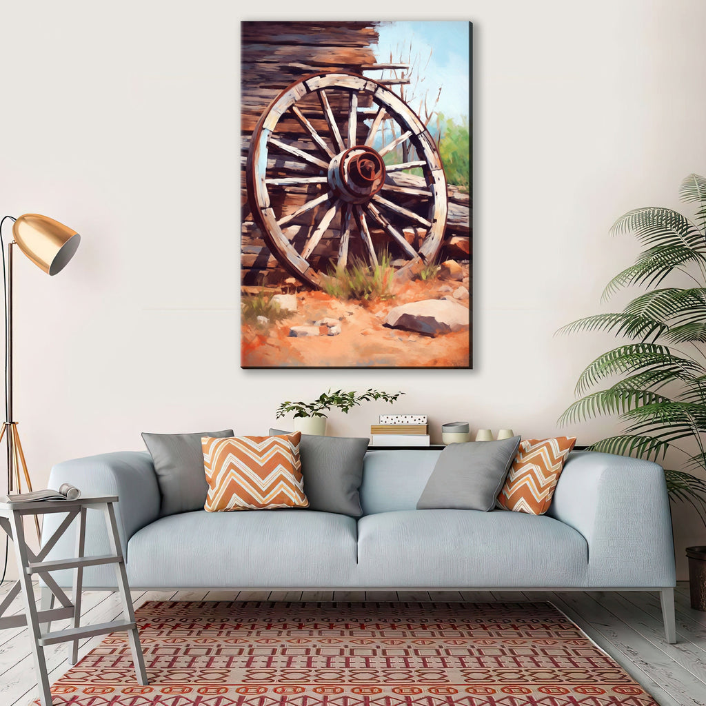 Wagon Wheel Painting - Vintage Rustic Canvas Wall Art | Gallery Wrapped Ready to Hang