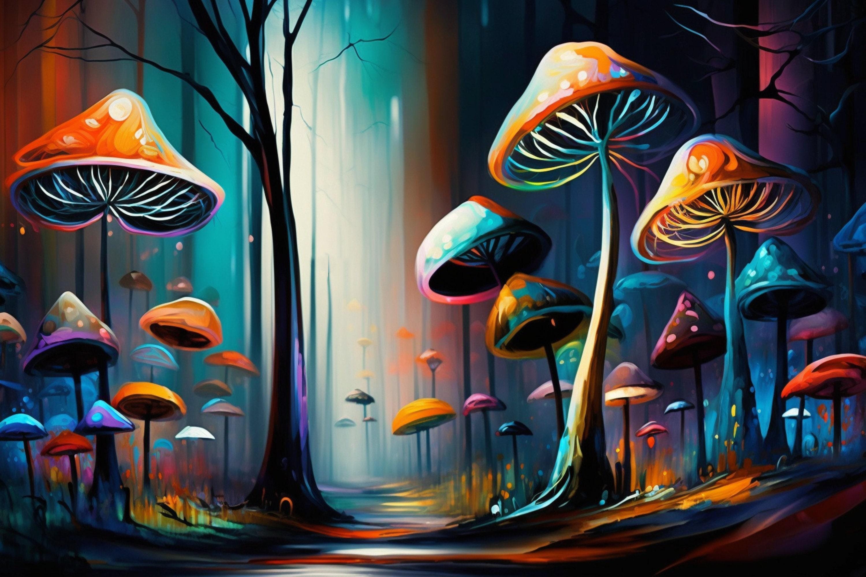 Psychedelic Mushrooms Canvas – Trippy Landscape Art with Vibrant Psychedelic Wall Decor