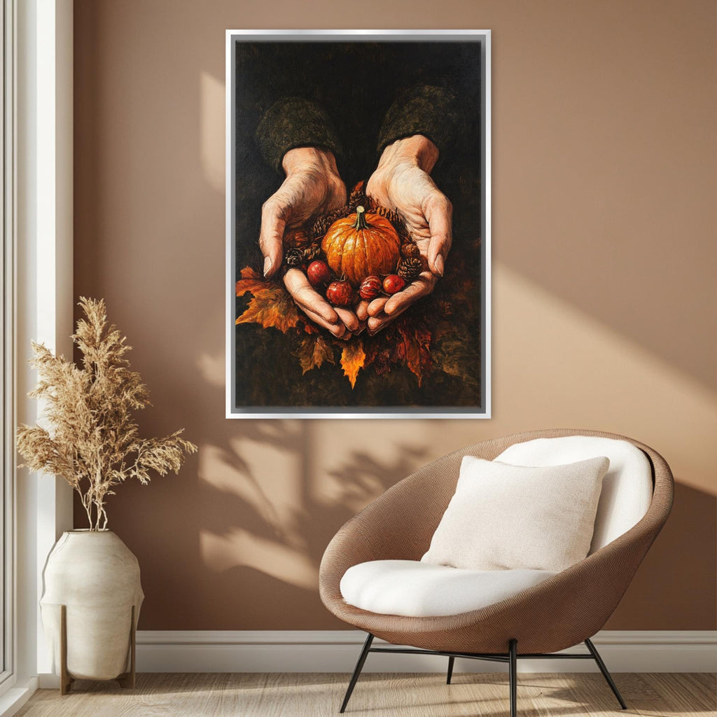 A framed painting of a pair of hands holding a pumpkin and other fall-themed items is displayed on the wall in a cozy living room setting.