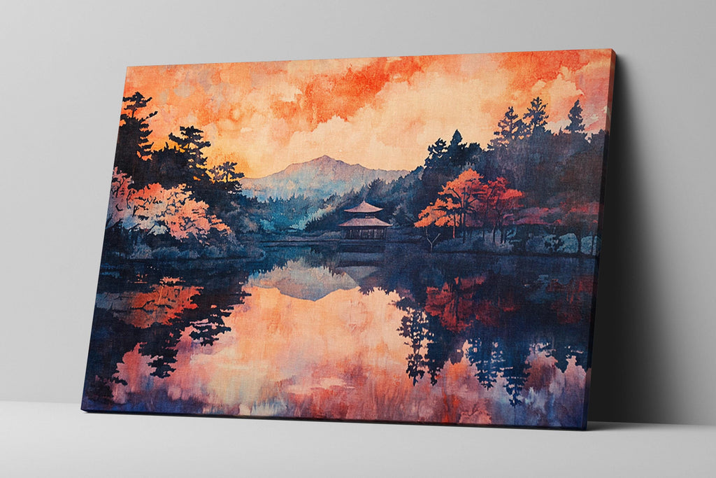 a painting of a lake with trees in the background
