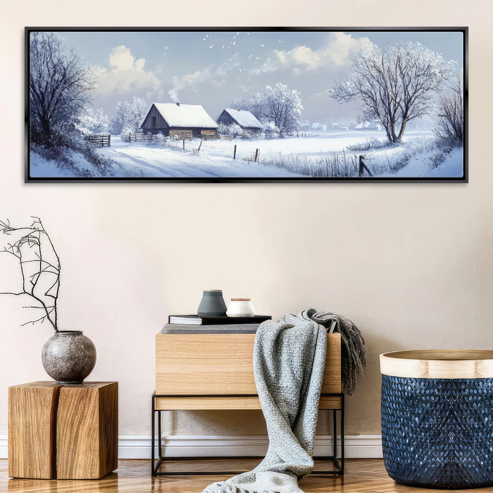 a painting of a winter scene with a house