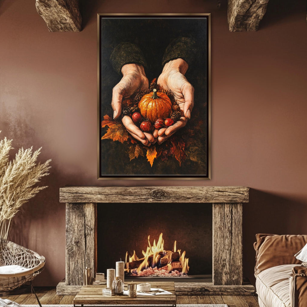 A cozy living room with a rustic fireplace, a wooden mantel, and a painting of hands holding a pumpkin and other autumn-themed items.