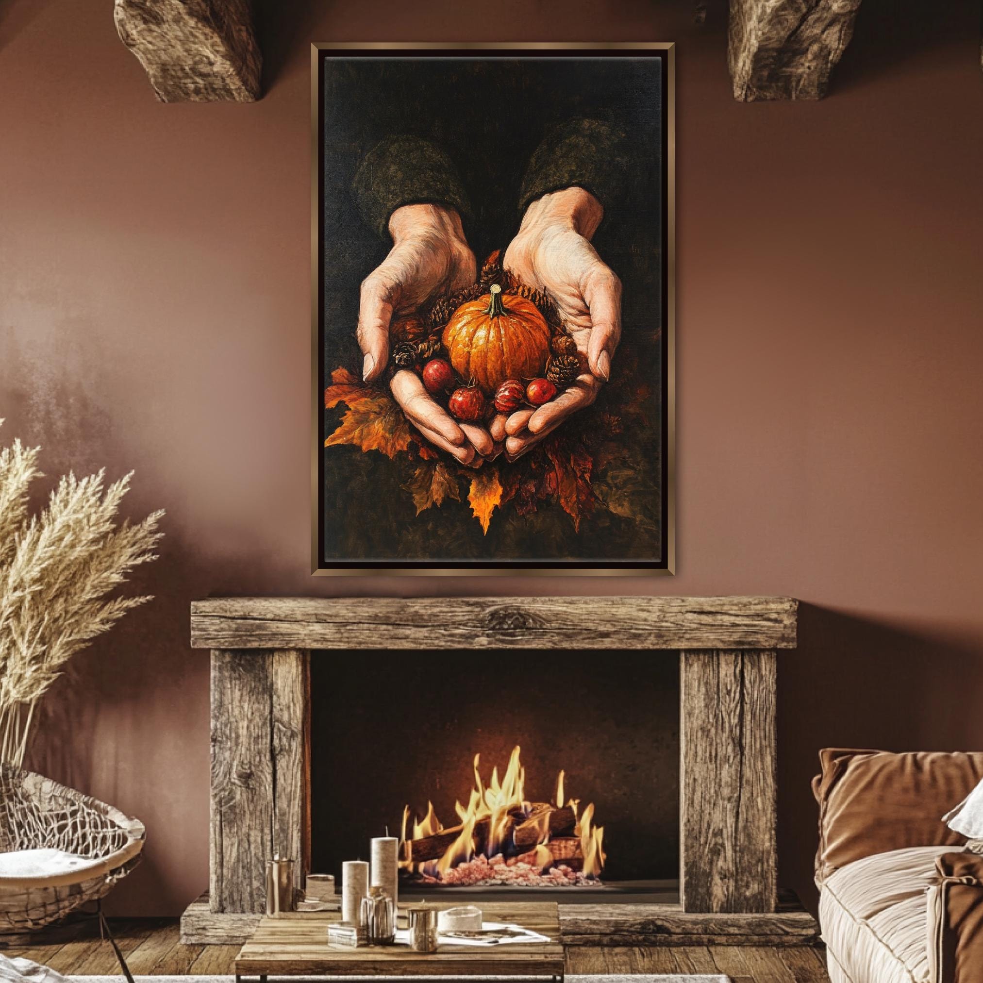 A cozy living room with a rustic fireplace, a wooden mantel, and a painting of hands holding a pumpkin and other autumn-themed items.