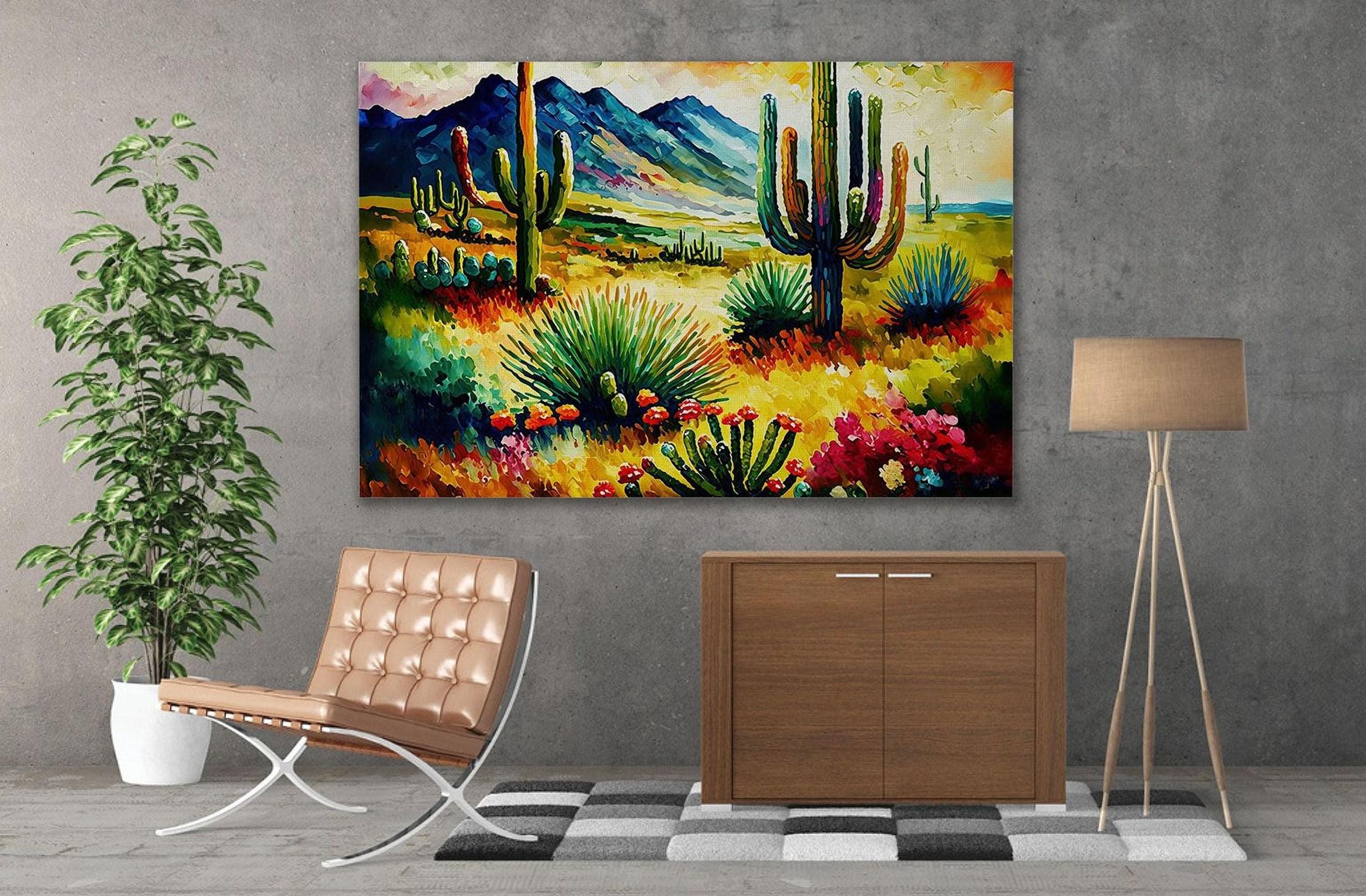 a large, colorful painting of a desert landscape hanging on a wall, with a wooden cabinet and a leather chair in the foreground.