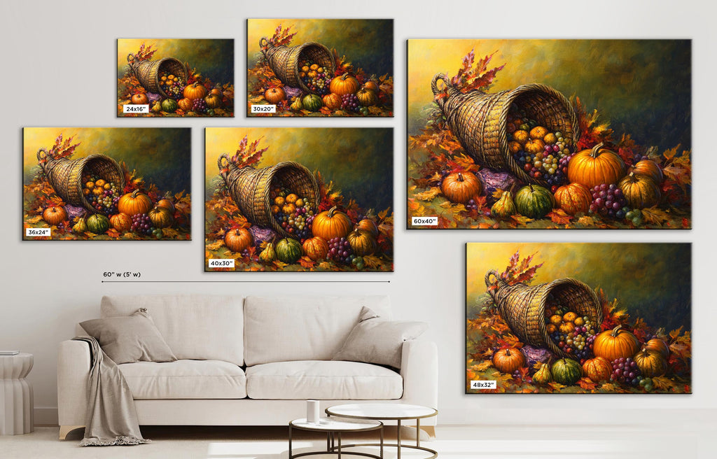 The image is a collage of five paintings depicting a basket overflowing with various fruits, including apples, oranges, and pumpkins, set against a backdrop of autumn leaves.