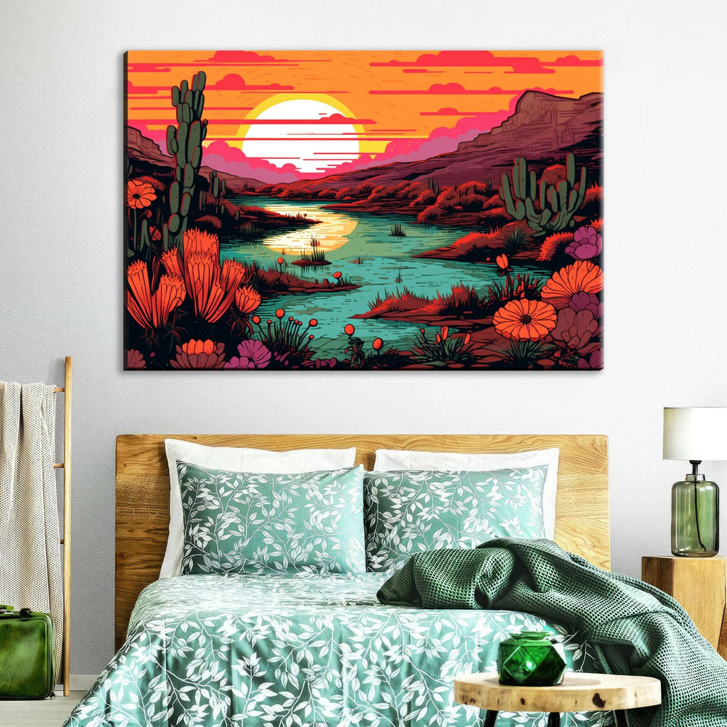 Desert Landscape Art – Linocut Style Canvas | Gallery Wrapped Ready to Hang
