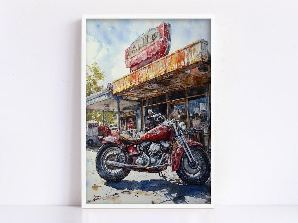 A red motorcycle is parked in front of a dilapidated gas station with a faded sign.