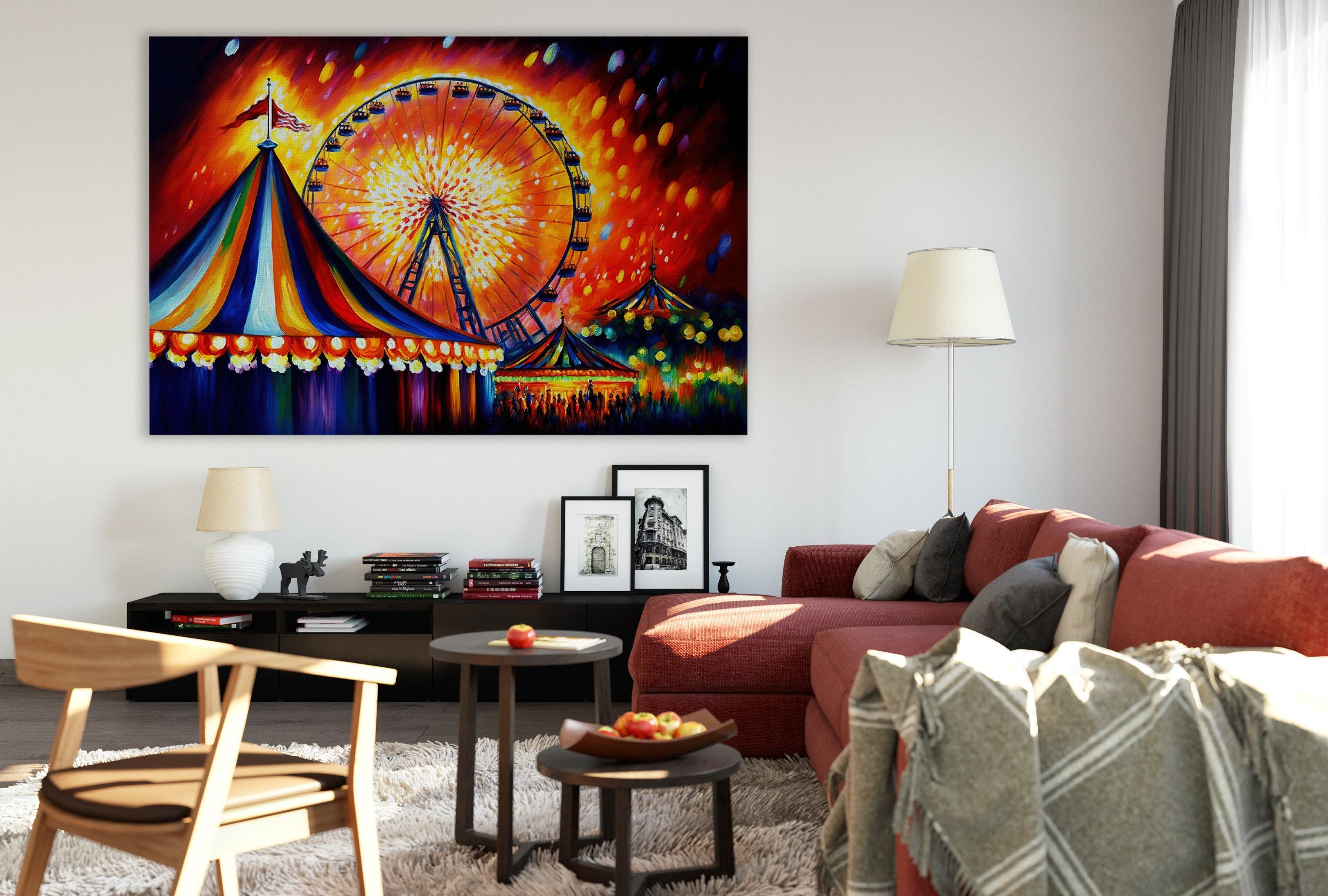 Carnival Canvas Wall Art – Vibrant Circus Painting Print With Ferris Wheel Giclee