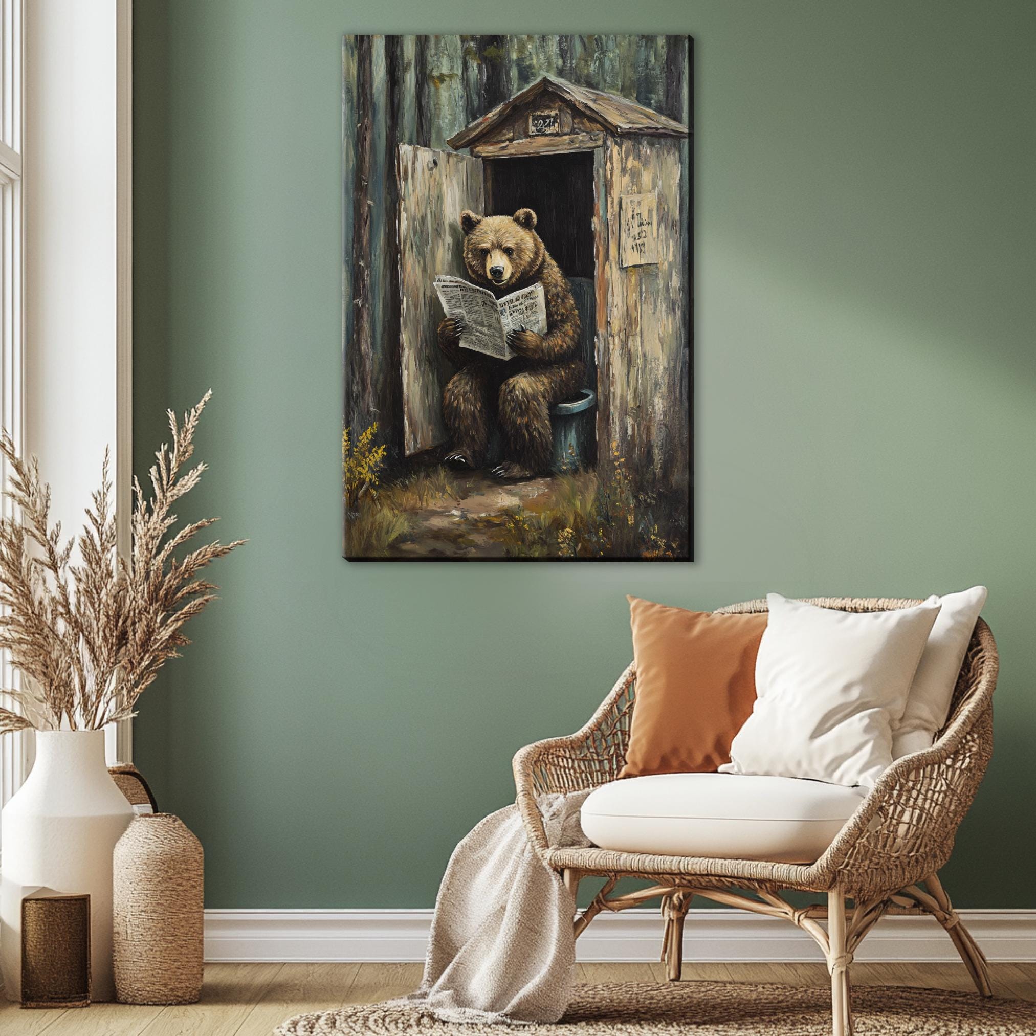 a painting of a bear reading a book