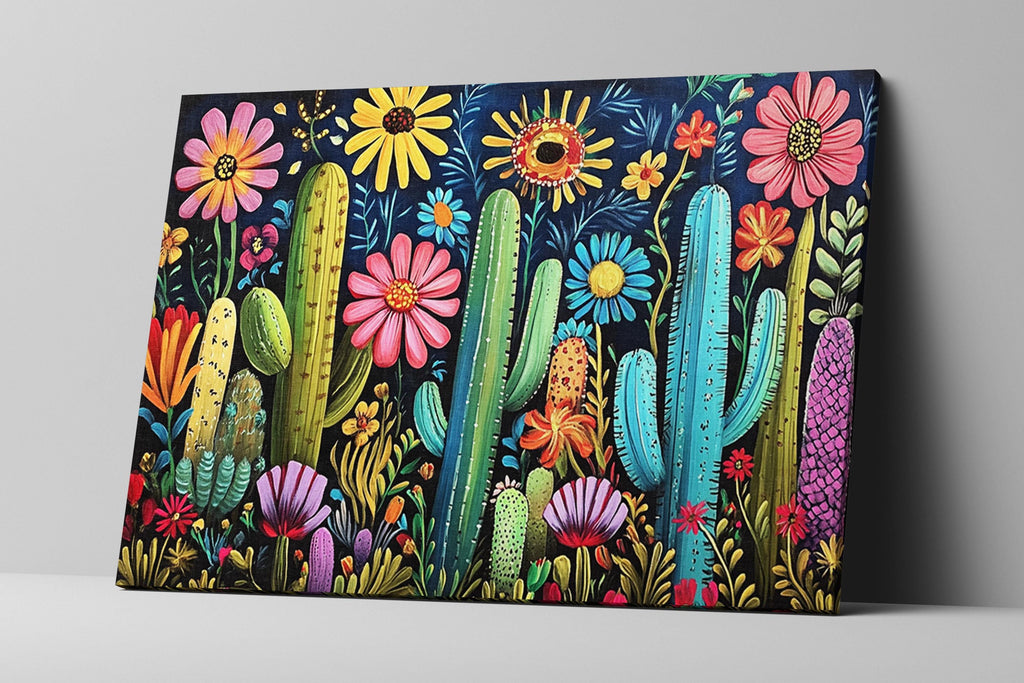 a painting of a cactus and flowers on a wall