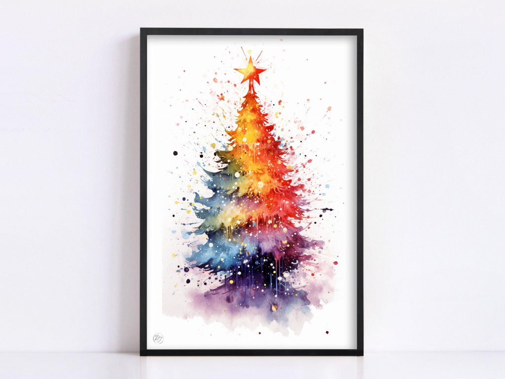 Festive Christmas Tree Watercolor - Christmas Art, Giclee Print on Canvas, Artist Paper, Watercolor Paper, Available in Extra Large Sizes
