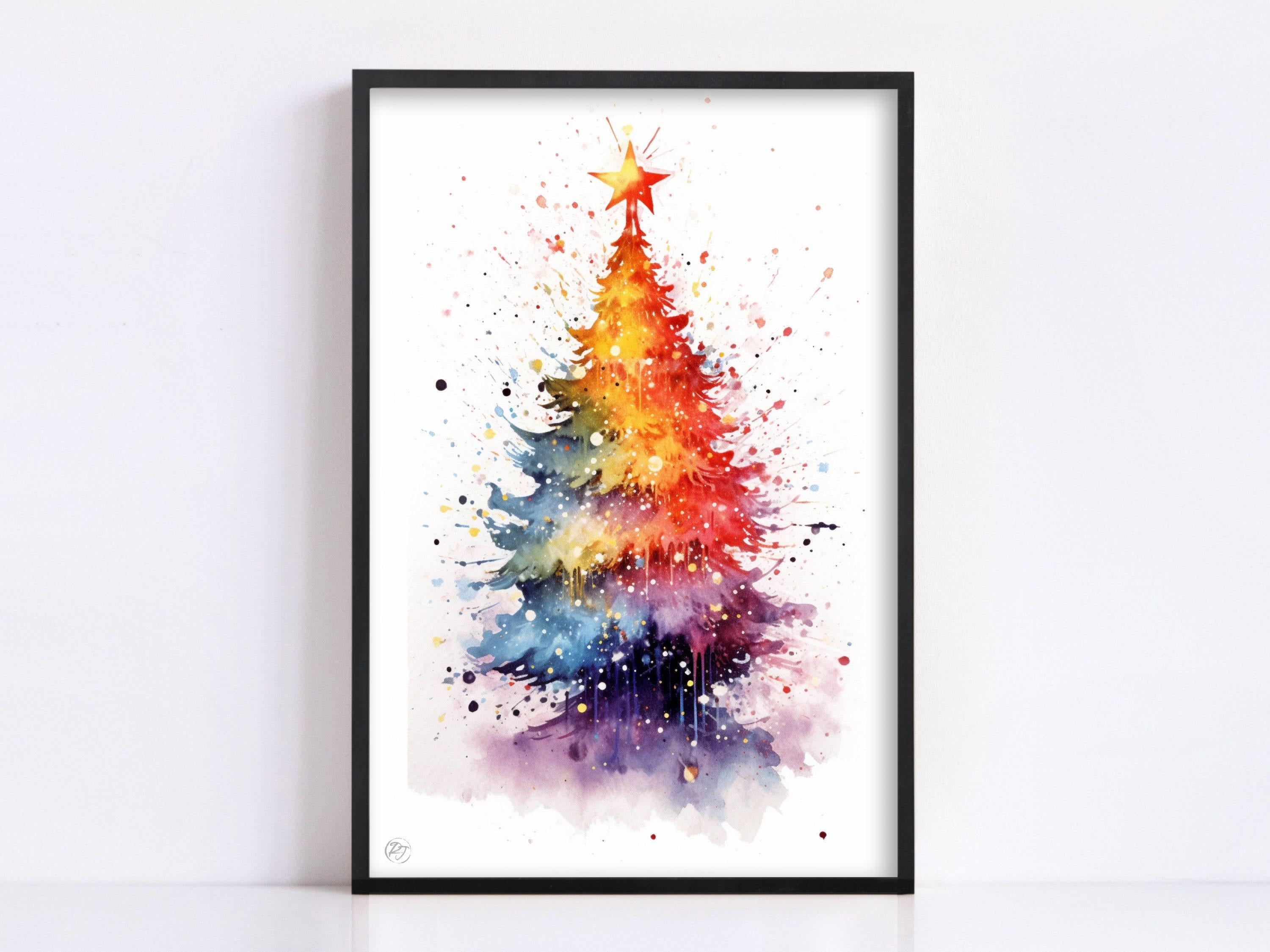 Festive Christmas Tree Watercolor - Christmas Art, Giclee Print on Canvas, Artist Paper, Watercolor Paper, Available in Extra Large Sizes