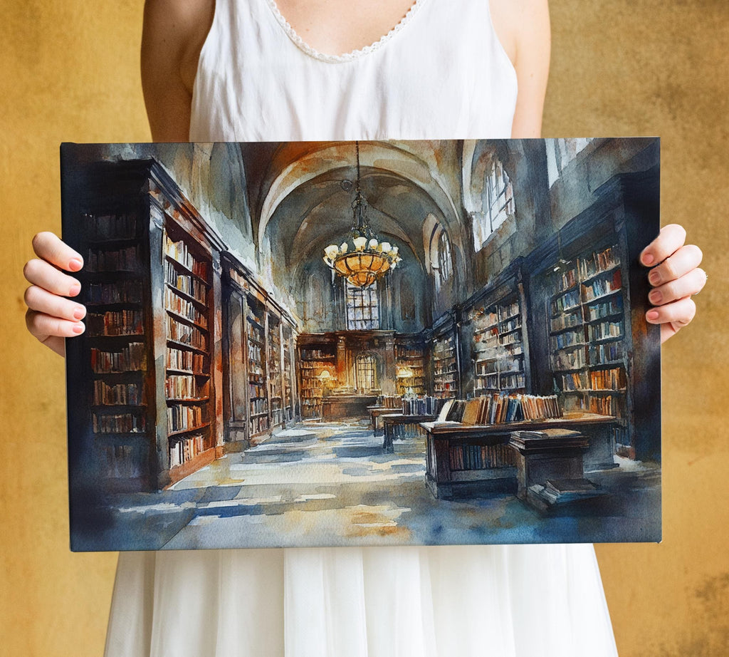 A person is holding a framed painting of a grand library with tall bookshelves, a chandelier, and a large window.