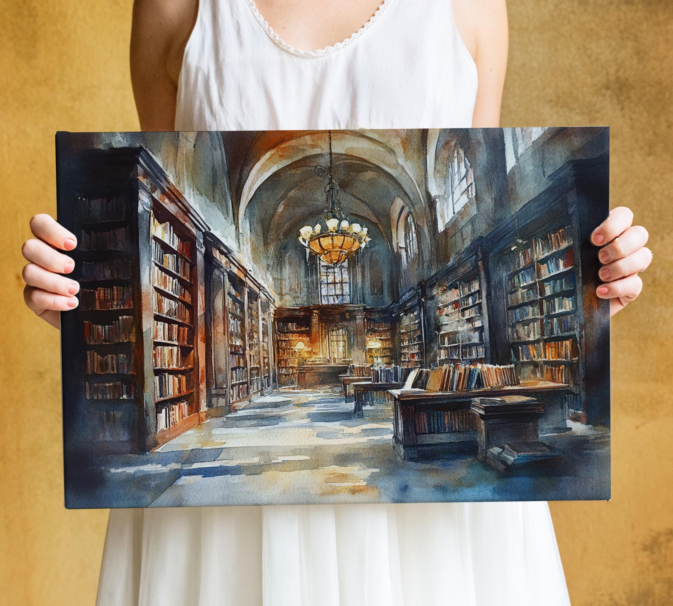 A person is holding a framed painting of a grand library with tall bookshelves, a chandelier, and a large window.