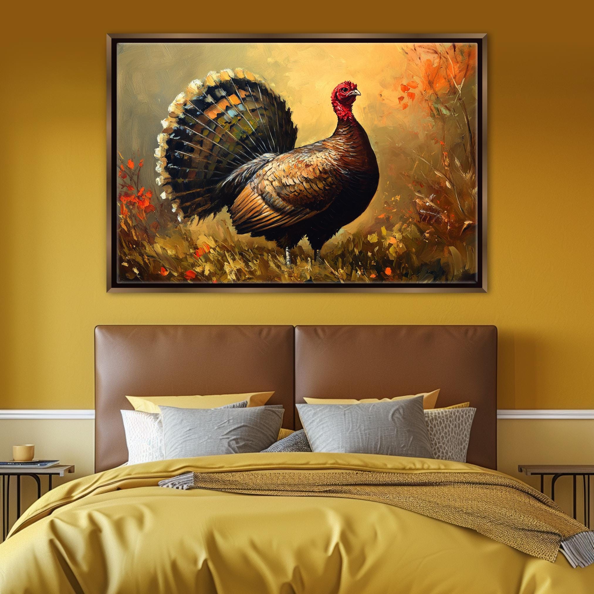 a large painting of a turkey with a brown and black color scheme, displayed above a bed with yellow bedding.
