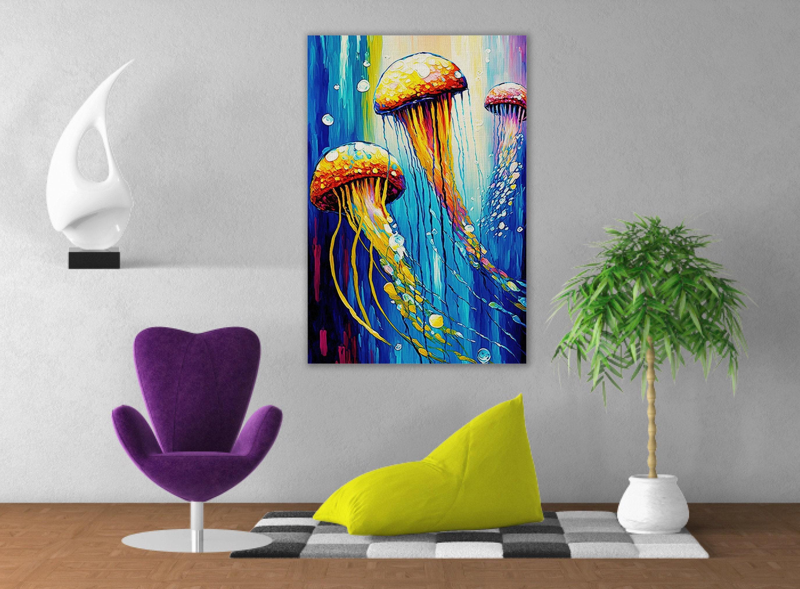 Jellyfish Art Print – Vibrant Trio Jellyfish Painting on Underwater Canvas