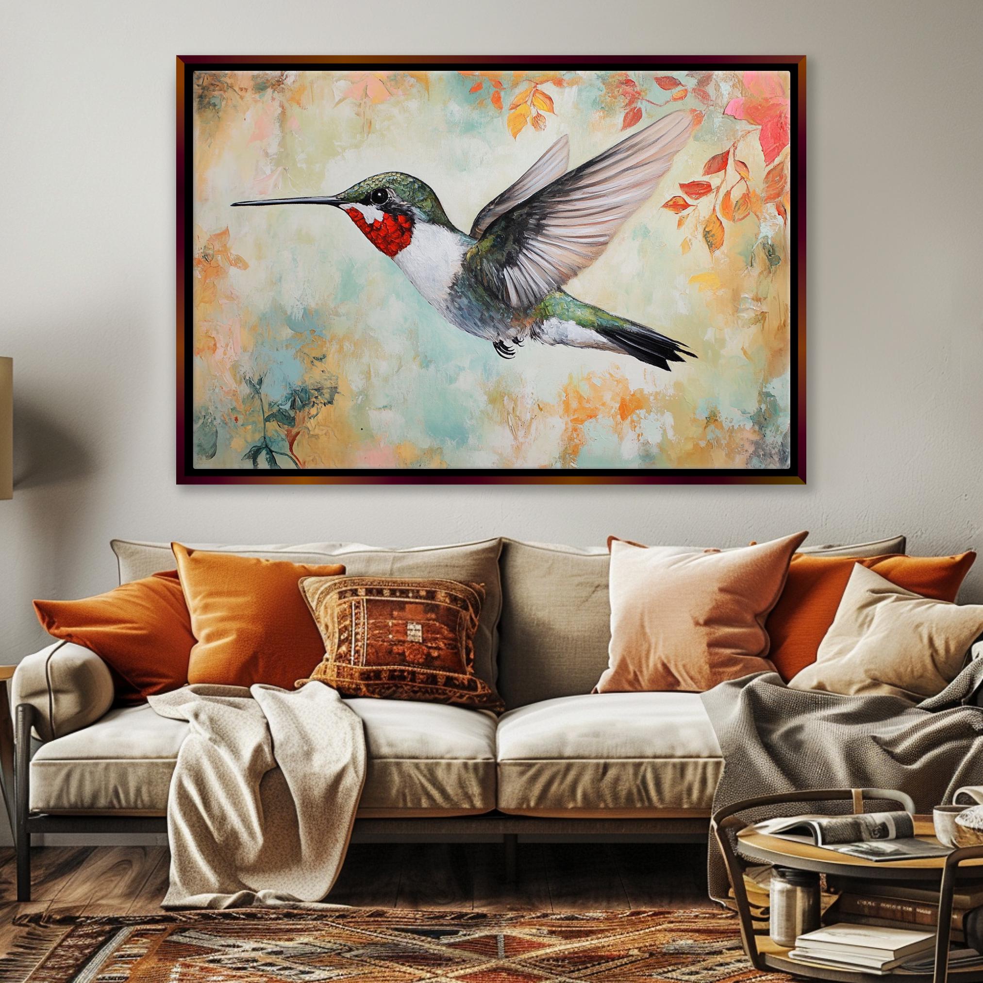 a living room with a couch and a painting on the wall