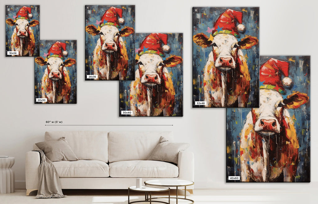 Festive Cow Canvas - Whimsical Christmas Wall Art | Holiday Farm Art Print