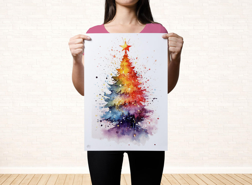 Festive Christmas Tree Watercolor - Christmas Art, Giclee Print on Canvas, Artist Paper, Watercolor Paper, Available in Extra Large Sizes