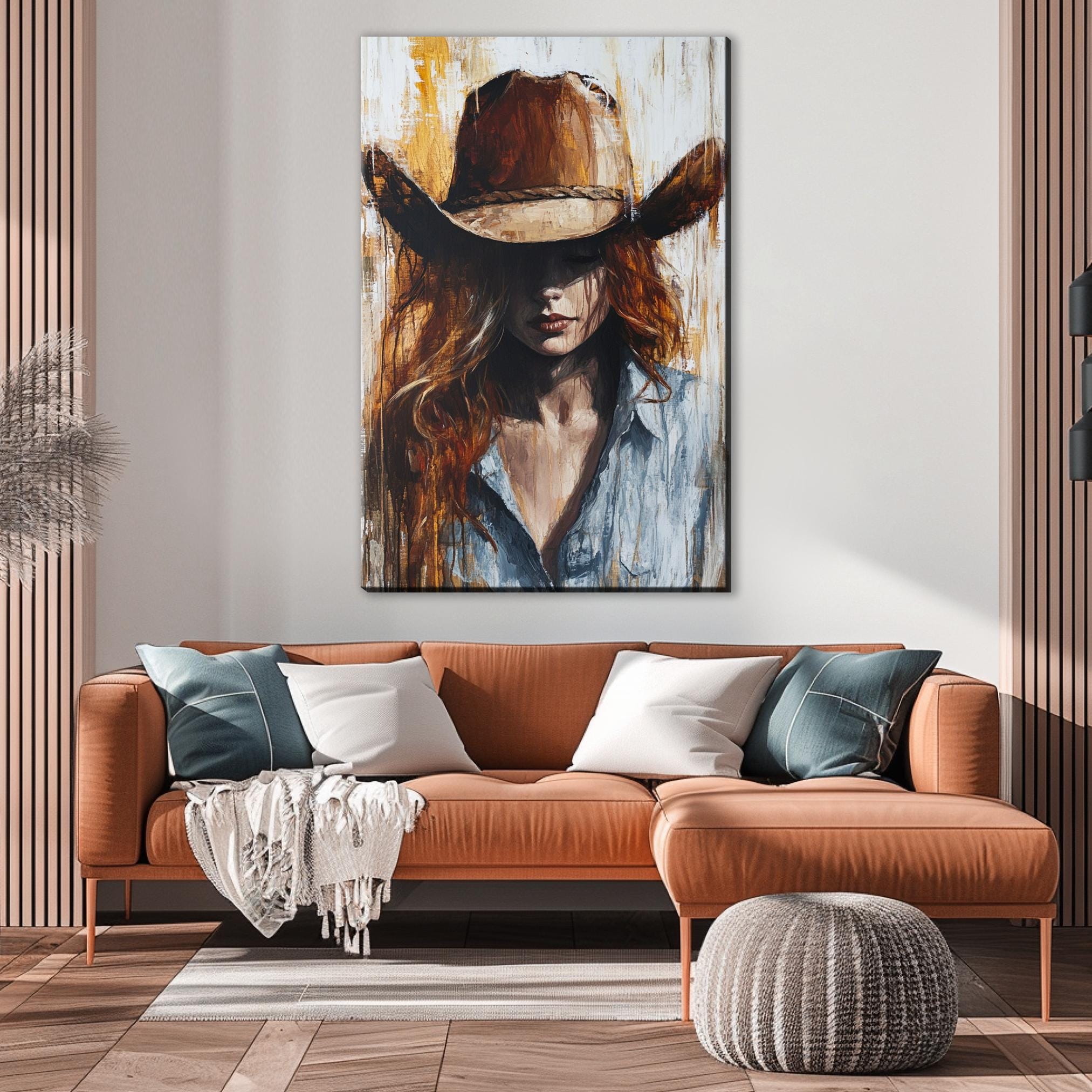 a painting of a woman wearing a cowboy hat