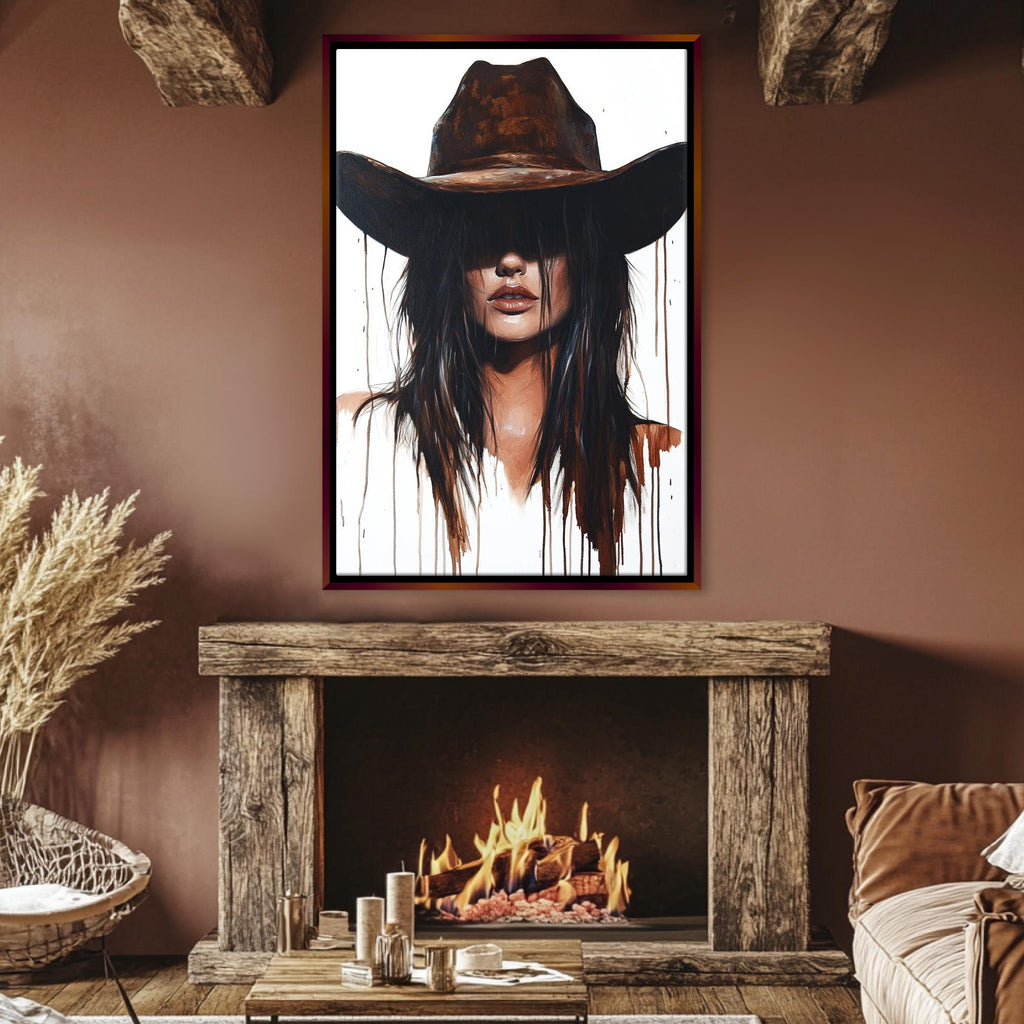 a living room with a fire place and a painting of a woman wearing a cowboy