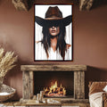 a living room with a fire place and a painting of a woman wearing a cowboy