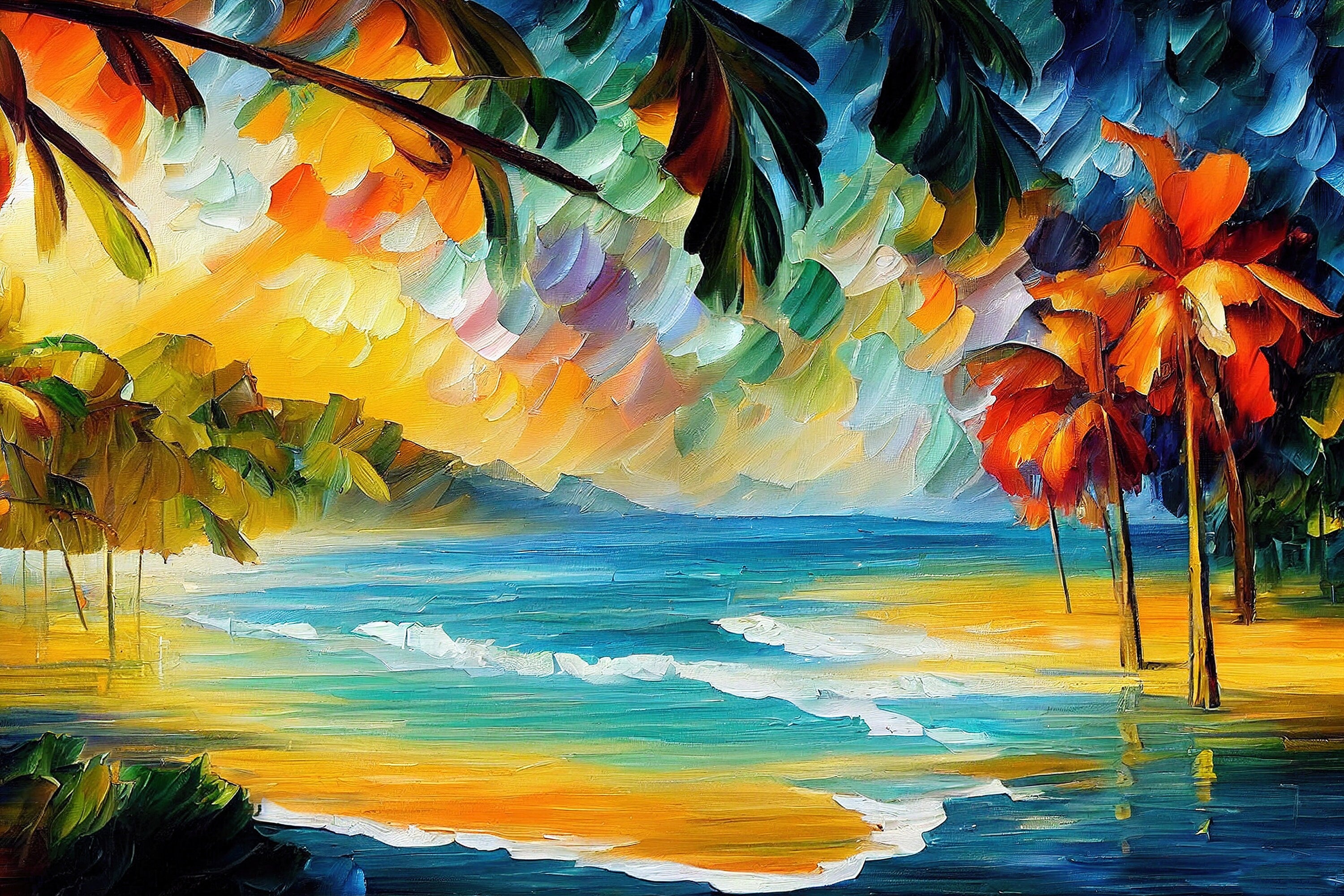 Tropical Beach Canvas – Vibrant Ocean Artwork on Wooden Frame, UV Coated Print
