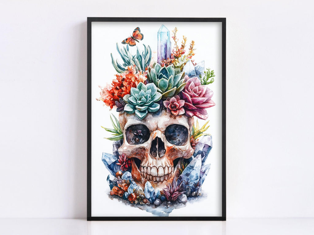 The image is a framed artwork depicting a skull surrounded by a variety of colorful flowers, plants, and crystals.