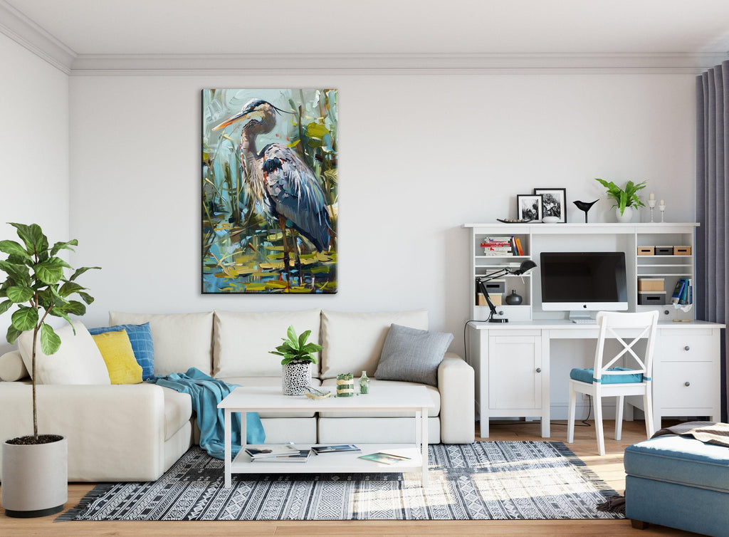 a modern living room with a large painting of a heron on the wall, a white sofa, a white coffee table, a white desk with a computer, and various decorative elements such as plants and books.