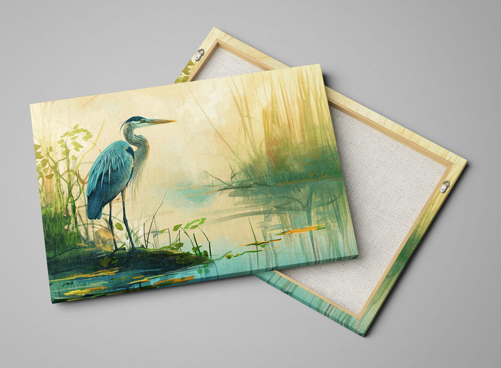 Blue Heron Wall Art – Large Canvas Print | Misty Morning Coastal Decor