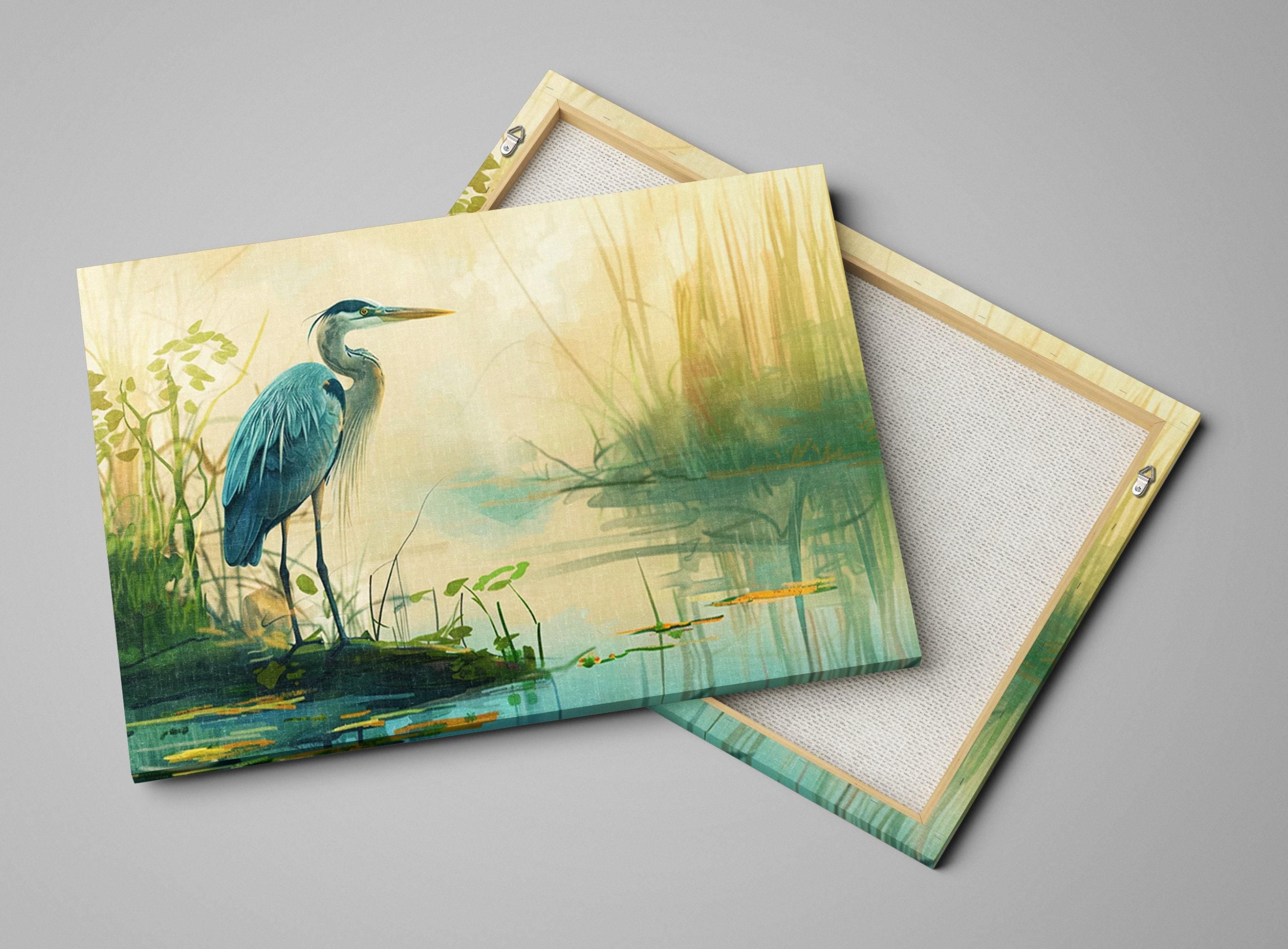 Blue Heron Wall Art – Large Canvas Print | Misty Morning Coastal Decor