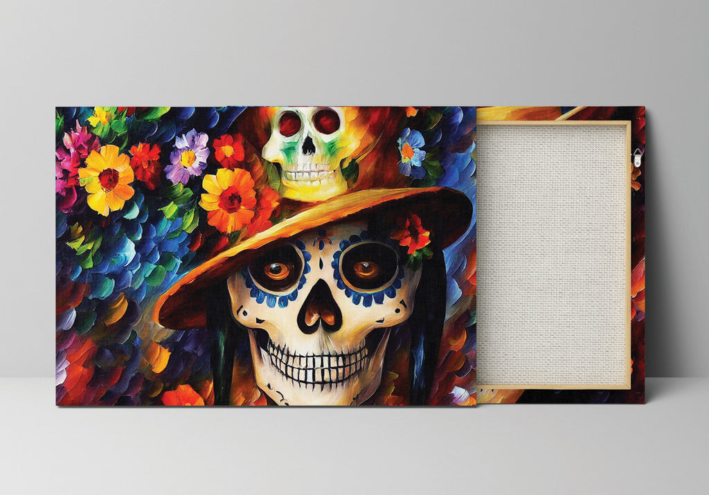 Dia De Los Muertos Canvas – Colorful Sugar Skull Painting on Gallery Ready Frame