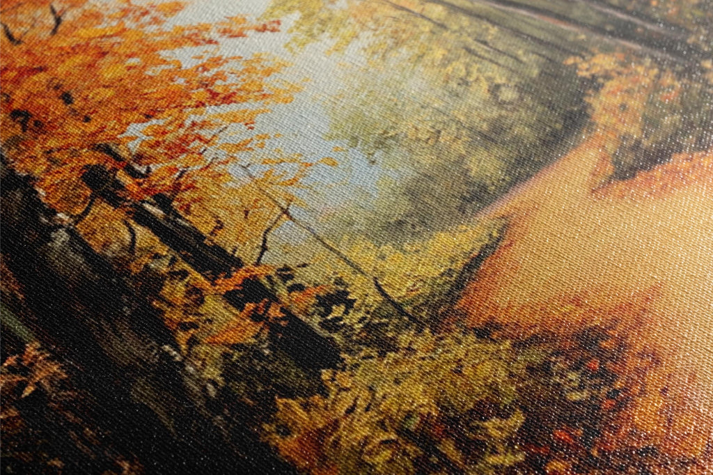 The image is a close-up of a painting depicting a forest scene with vibrant orange and yellow foliage.