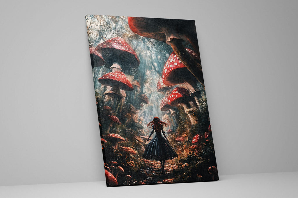 a painting of a woman walking through a forest