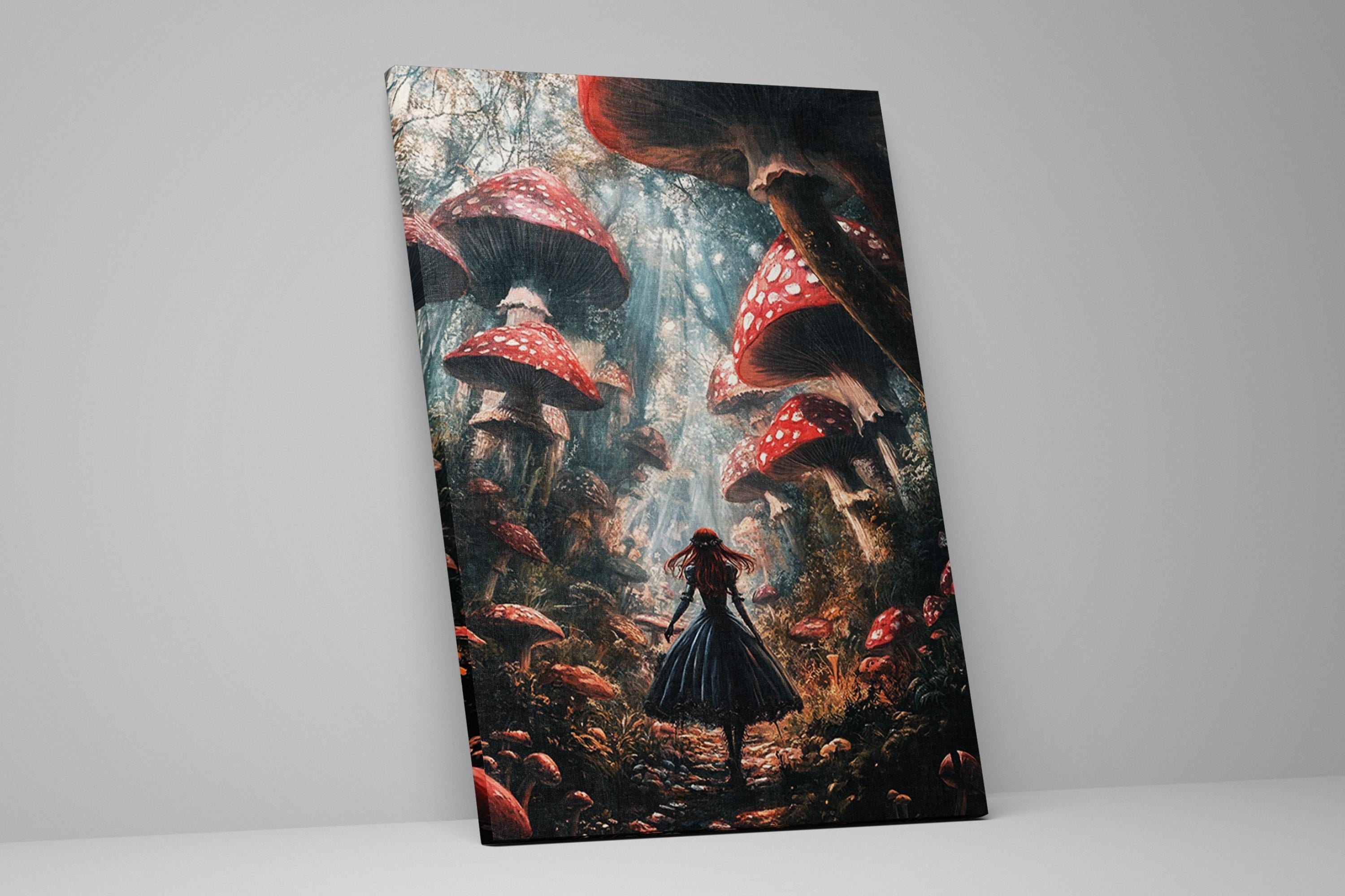 a painting of a woman walking through a forest