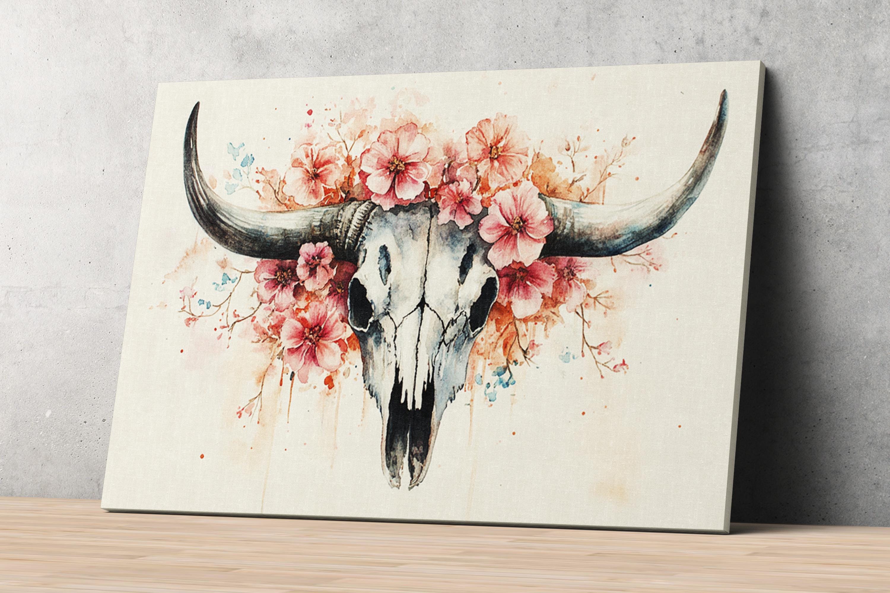 a painting of a skull with large horns and a floral arrangement on top.
