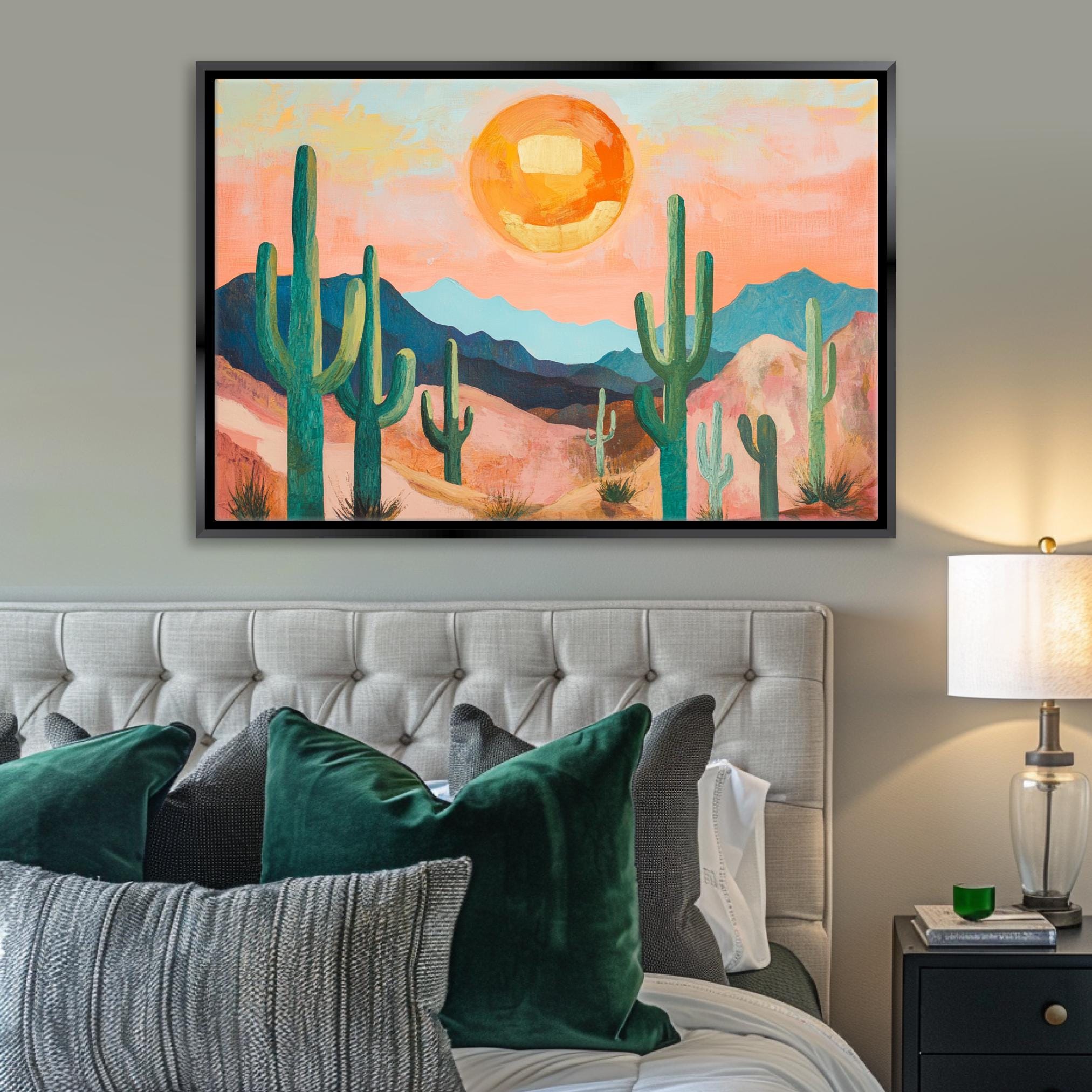 a bedroom with a bed and a painting on the wall