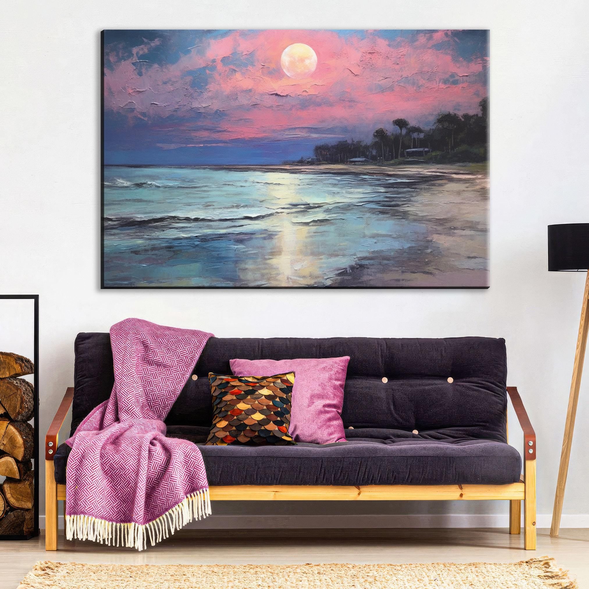 Moonlight Beach Painting – Large Canvas Print | Coastal Wall Art, Gallery Wrapped Canvas