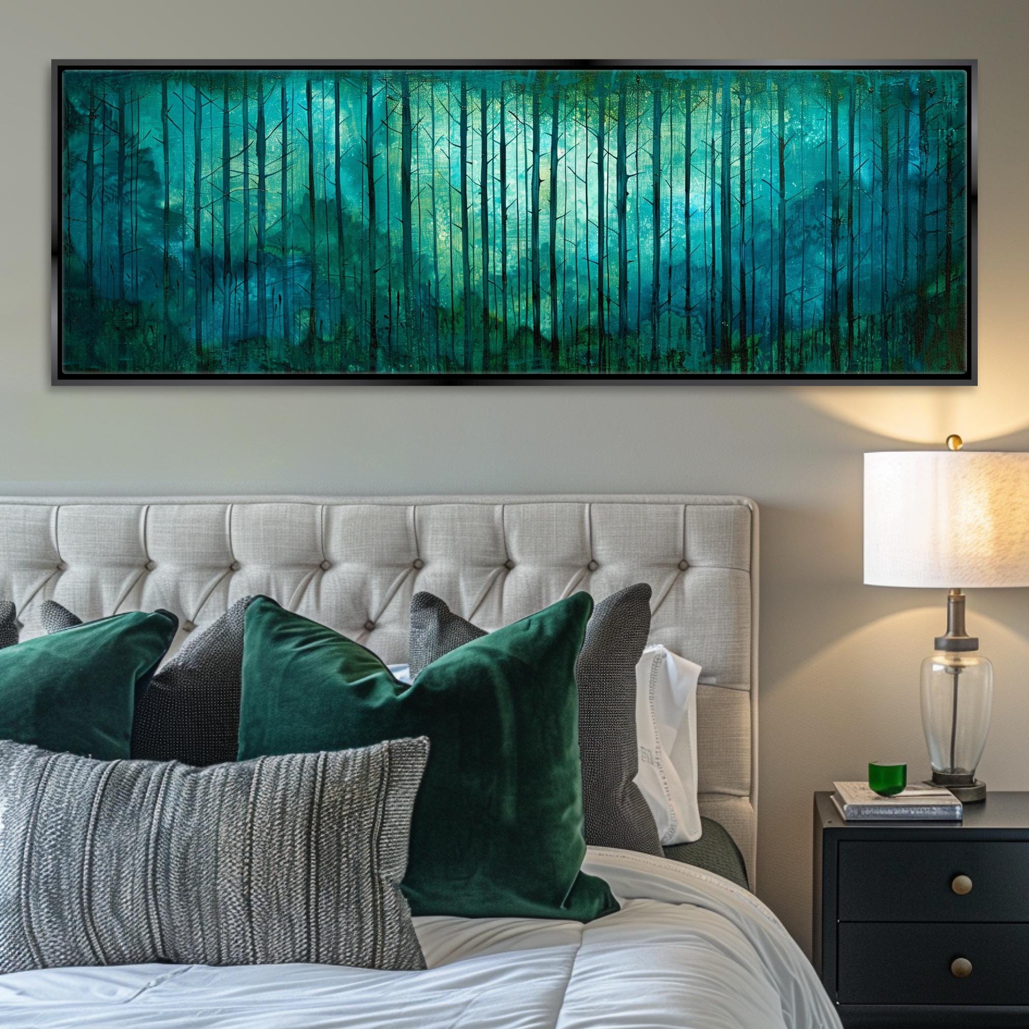 a bed with pillows and a painting on the wall