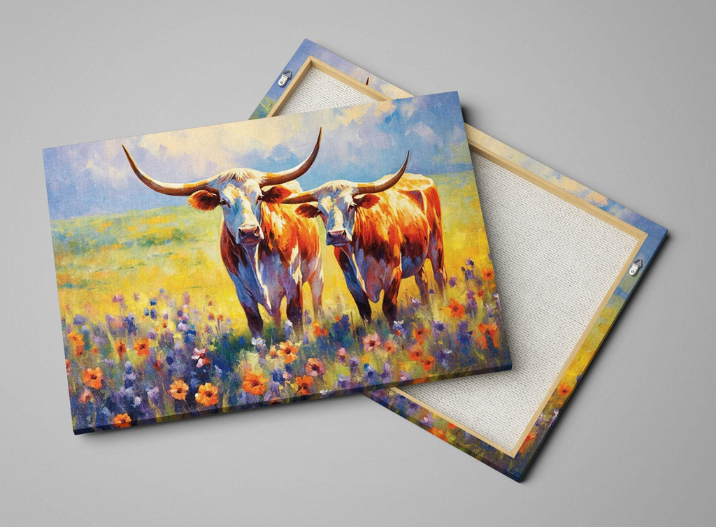 two cows standing in a field of flowers, with a vibrant and colorful landscape in the background.
