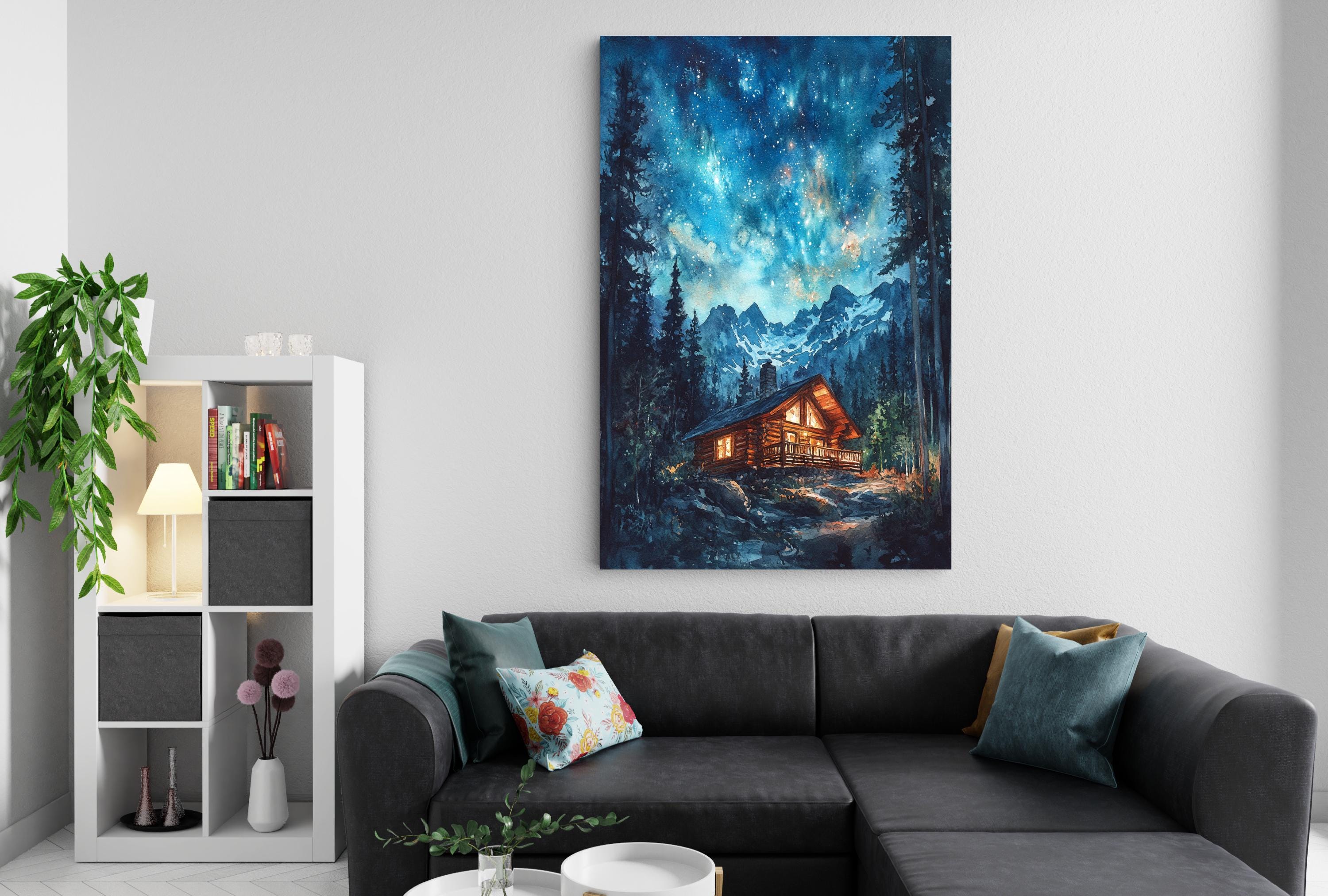 a cozy living room with a large painting of a cabin in the woods hanging on the wall, creating a serene and inviting atmosphere.