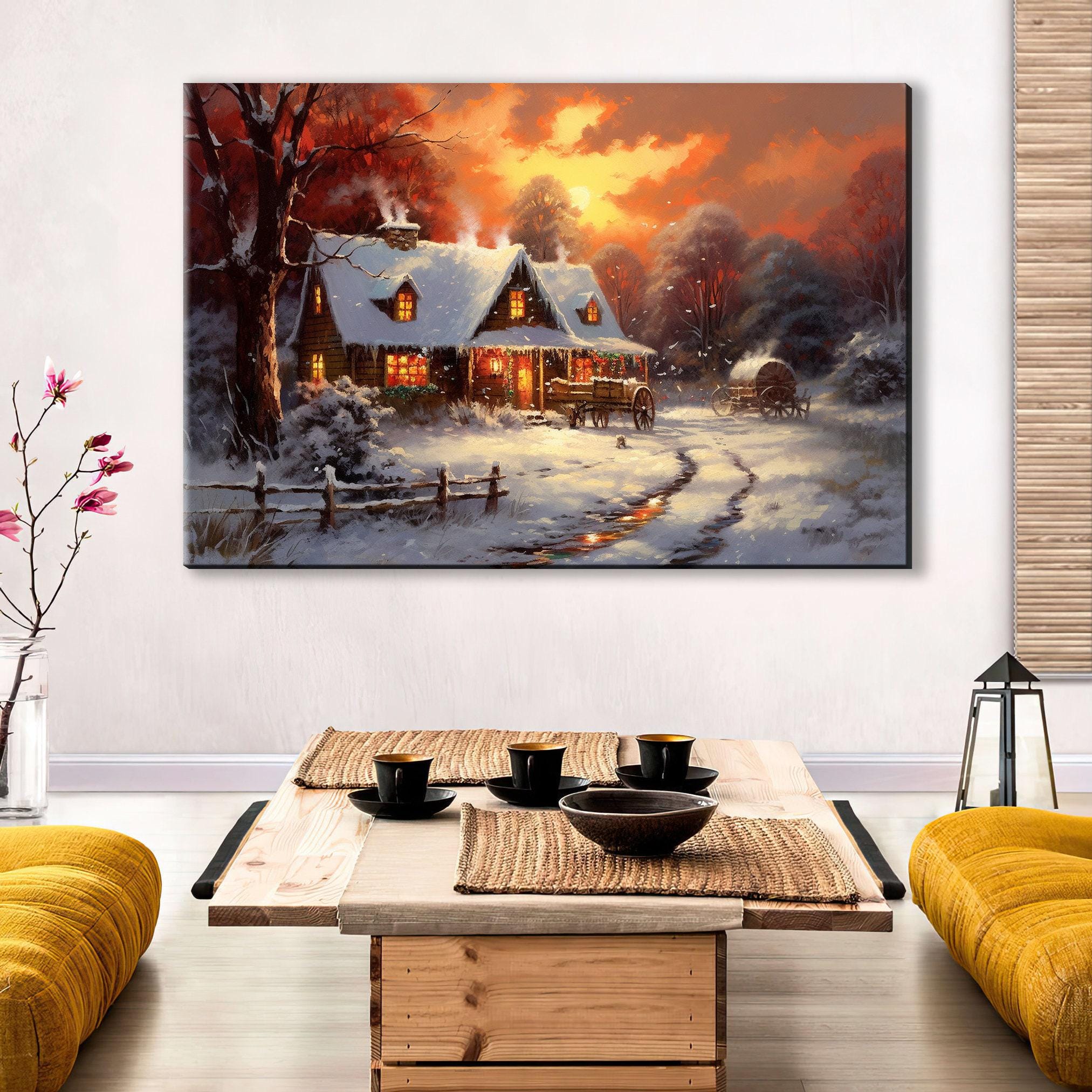 Christmas Canvas Art - Rustic Holiday Wall Decor | Oil Painting on Gallery Wrapped Canvas