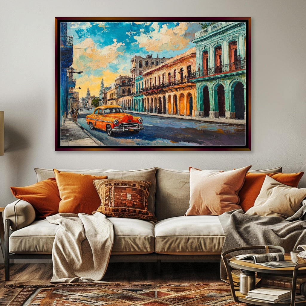 a living room with a couch and a painting on the wall