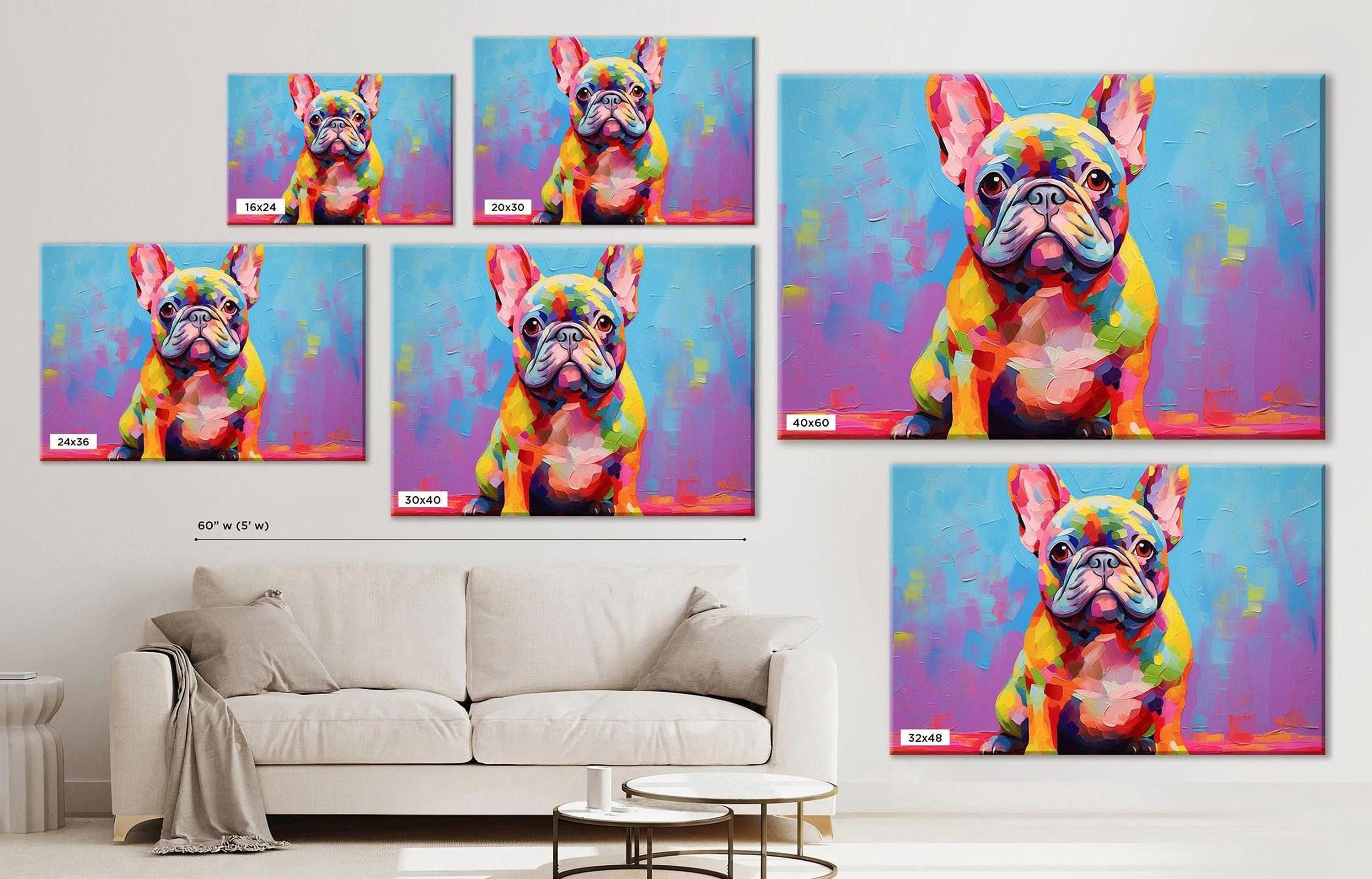 The image is a collage of six colorful paintings of a French Bulldog, each depicting the dog in a different pose and expression. The collage is displayed on a wall, with a white couch in the foreground.