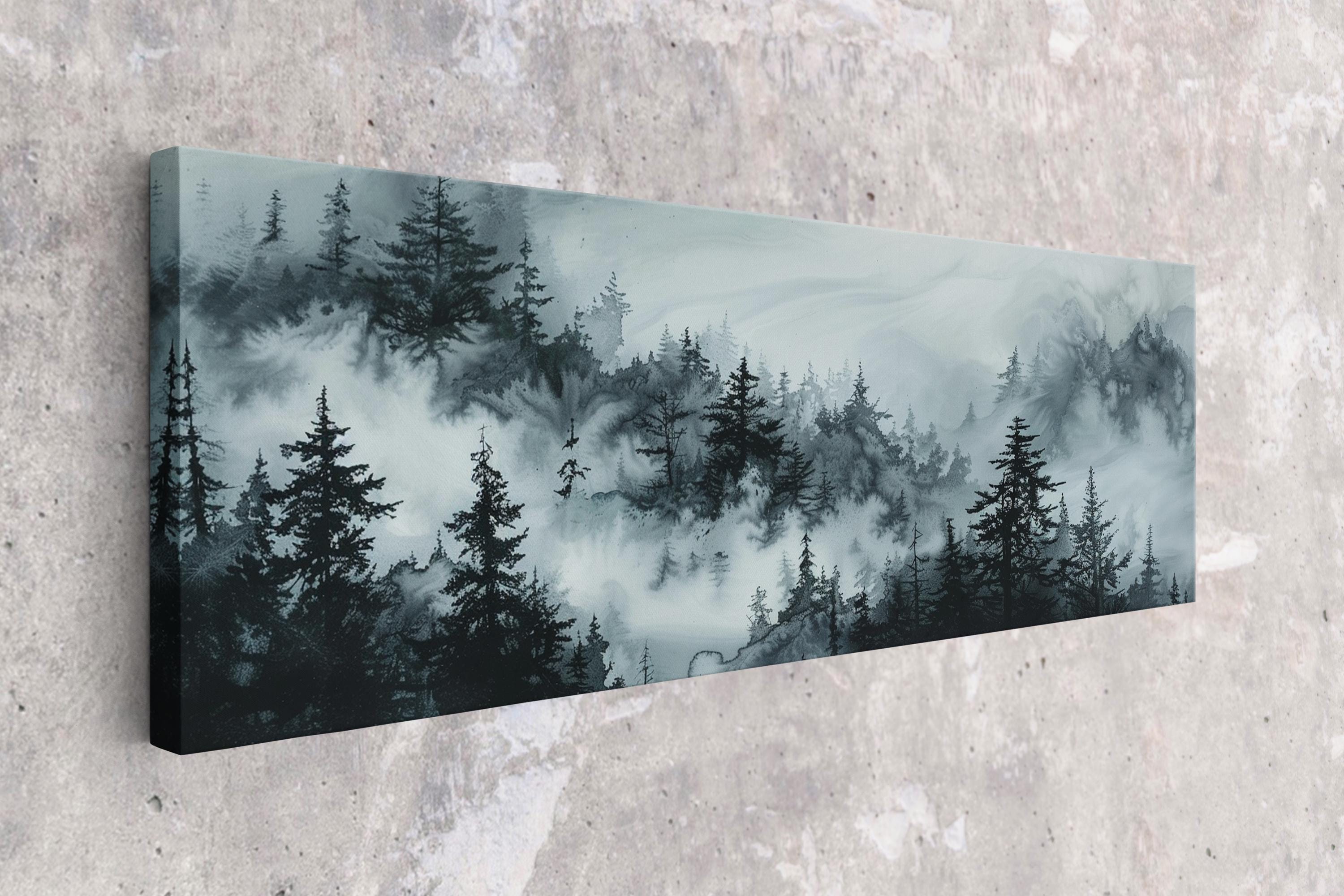 a black and white painting of a forest