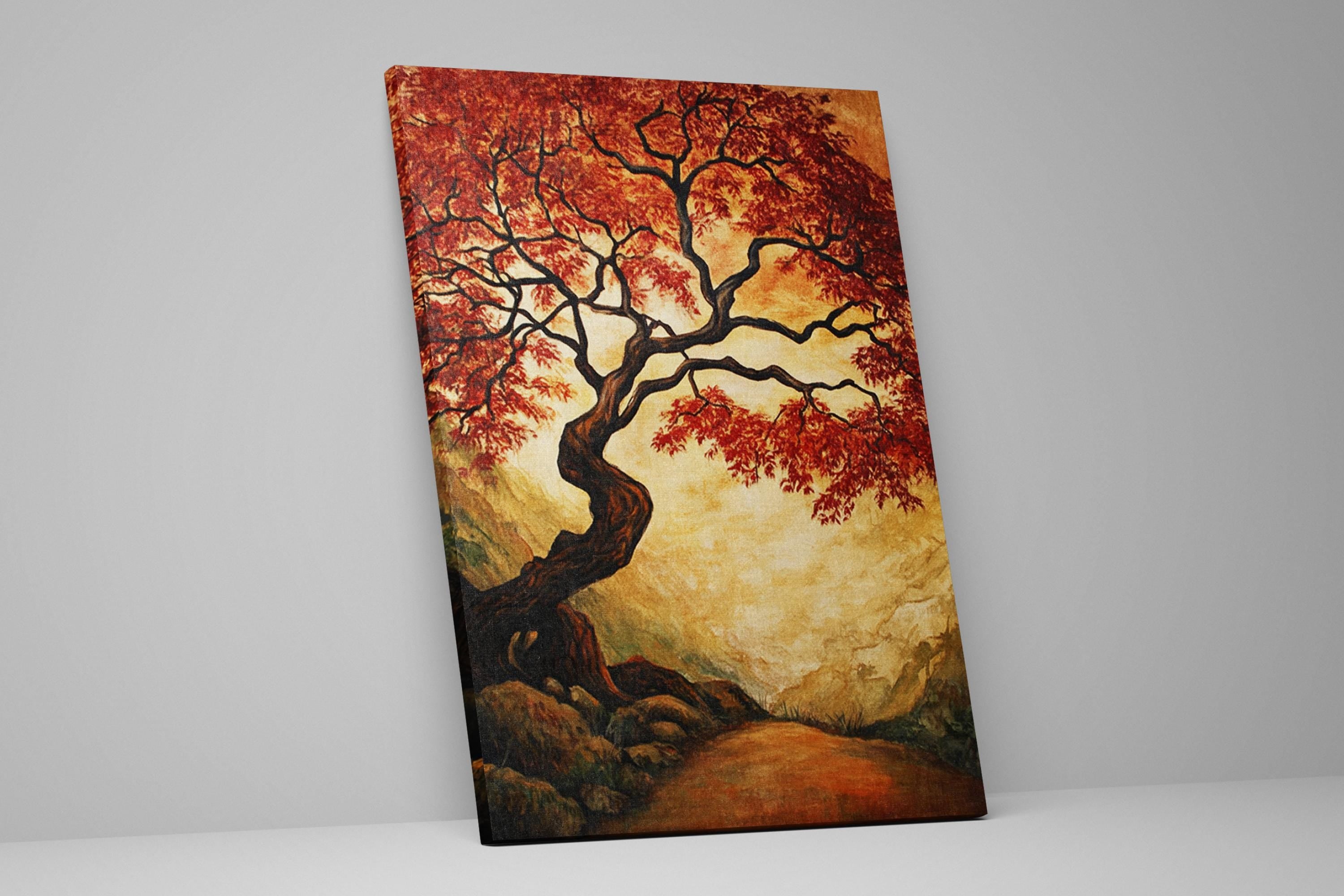 a painting of a tree with red leaves